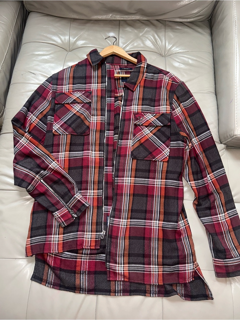 True Religion Red and Black Plaid Zip Up Shirt